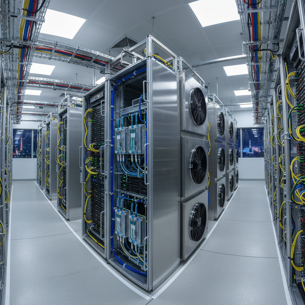 Modern data center server rack with organized cable management and LED indicators