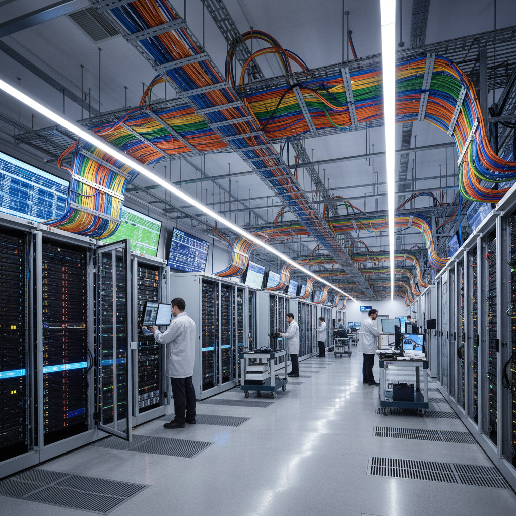 Telecommunications network infrastructure with fiber optic cables and server racks